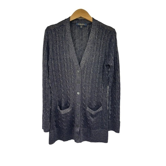 Brooks Brothers Sweater Women M Navy Blue Sparkle Viscose Long Sleeve Cardigan - Picture 1 of 7
